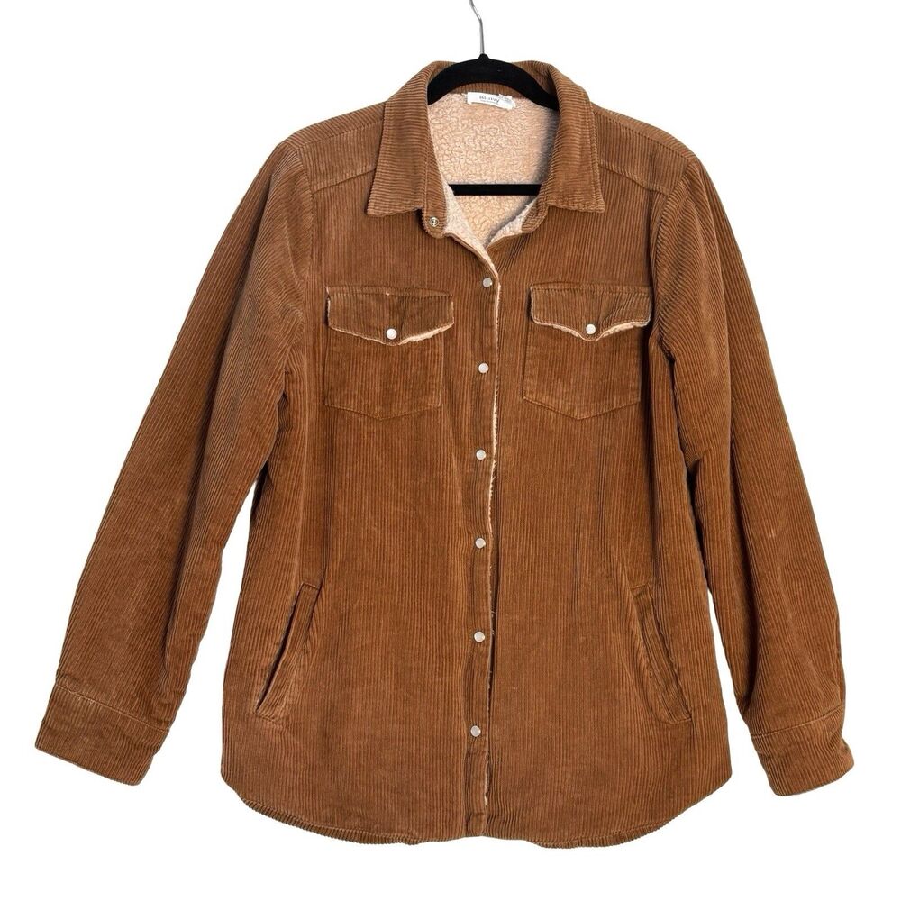 BLUIVY Men's Shacket Size L Tan Sherpa Lined Corduroy Shirt Jacket Pearl Snaps